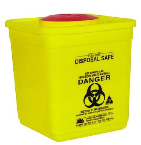 5L Sharps, disposable bin, square, yellow
