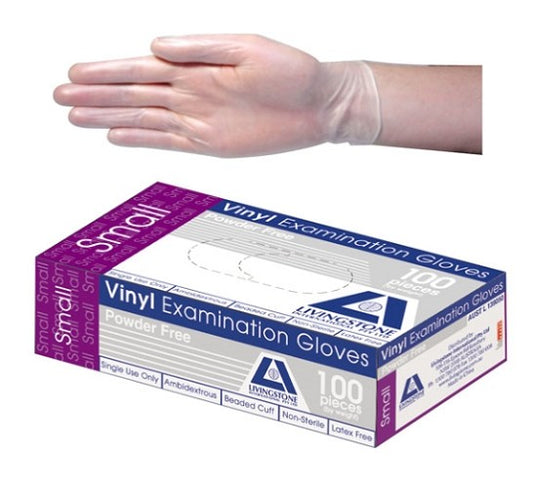 Livingstone Vinyl Gloves, Powder Free, Beaded Cuff- 240mm, Clear, Small,  (per box/100)