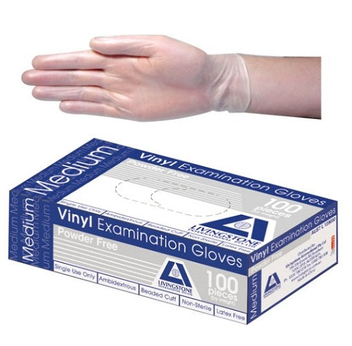 Livingstone Vinyl Gloves, Powder Free, Beaded Cuff- 240mm, Clear, Medium,  (per box/100)