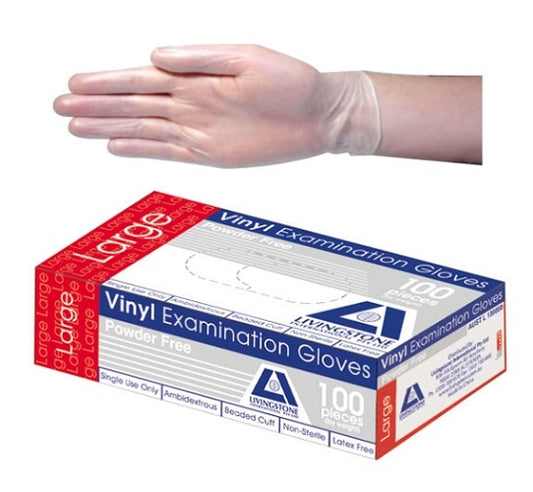 Livingstone Vinyl Gloves, Powder Free, Beaded Cuff- 240mm, Clear, Large,  (per box/100)