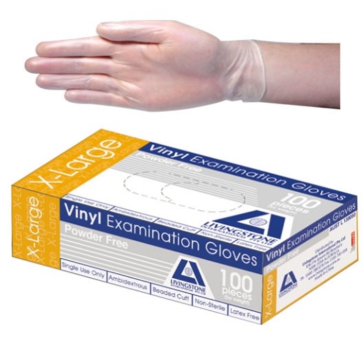Livingstone Vinyl Gloves, Powder Free, Beaded Cuff- 240mm, Clear, Extra Large,  (per box/100)