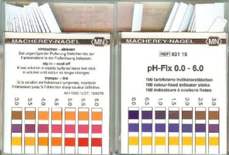 Machery-Nagel high quality pH fix test strips, Range: 0 - 6, 0.5 pH increments, pkt 100