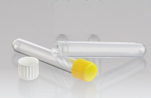 9mL-Technoplas-Polycarbonate round bottom culture tube, seperate white PP screw cap, 94mmHx14mmW, autoclavable, ctn/1,500