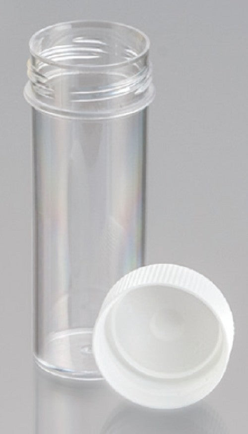 30mL-Technoplas-Polycarbonate flat bottom container, seperate white PP screw cap, 80mmHx27mmW, autoclavable, ctn/500