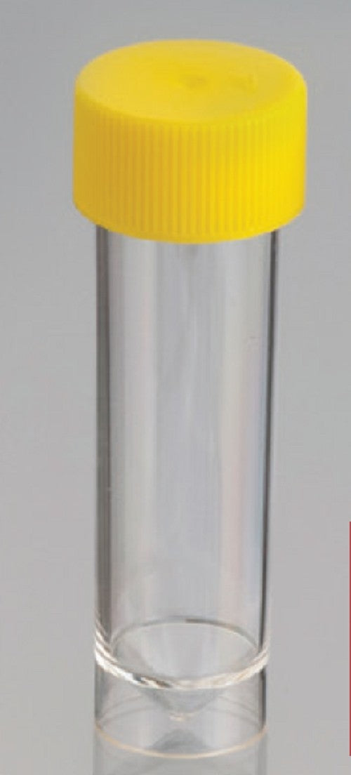 30mL-Technoplas-Polycarbonate Vee Bottom container, yellow PP screw cap, 80mmHx27mmW, sterile, autoclavable, ctn/500