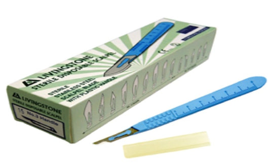 Livingstone Disposable Scalpel, Stainless Steel Blade Size 15 Attached to Handle, Sterile, 10 per Box