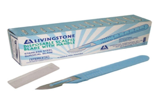 Livingstone Disposable Scalpel, Stainless Steel Blade Size 20 Attached to Handle, Sterile, 10 per Box
