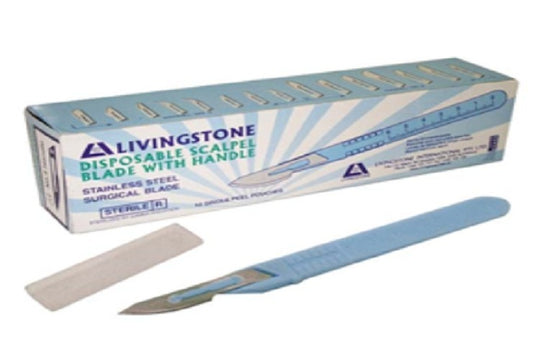 Livingstone Disposable Scalpel, Stainless Steel Blade Size 22 Attached to Handle, Sterile, 10 per Box