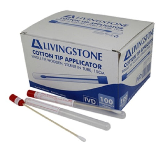 Livingstone Cotton Tip Applicator Swab with Wooden Stem, 15cm, Sterile in Plastic Tube with Write-on Label, 100/box