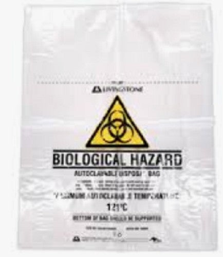 Autoclave bags, plastic, 27 X 63 cm, 50µm thick, clear with biological hazard  label, pkt/500