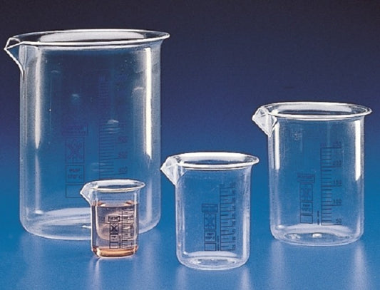 Kartell 25mL PMP (TPX®) Beaker, clear, blue grad, low form with spout, autoclavable, Class B, each