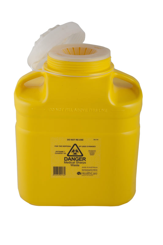 FITTANK™ Sharps Container 12 Lt Screw Top with petal insert and needle notch